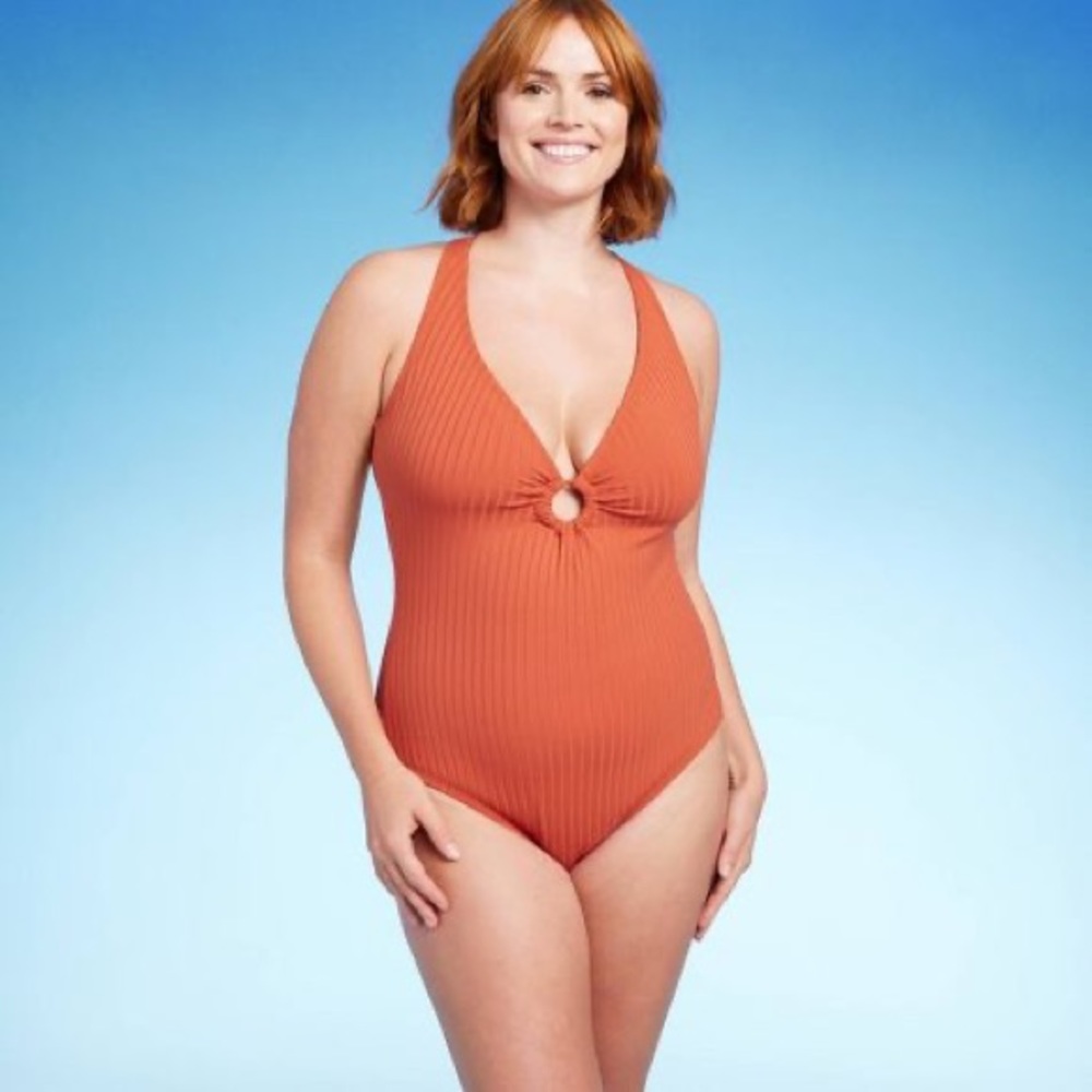 NWT Kona sol wide rib center ring mauve dark pink one piece swimsuit